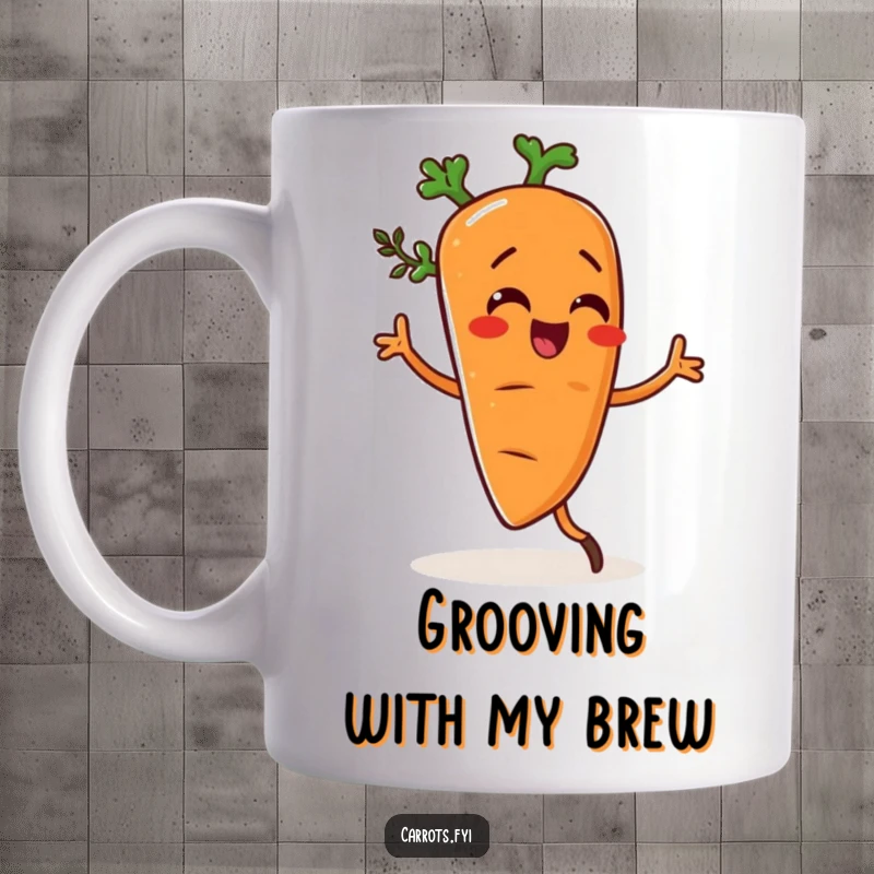 Funny mug showcasing a carrot character doing a silly dance, sprinkled with herbs, looking absolutely joyous and energetic.