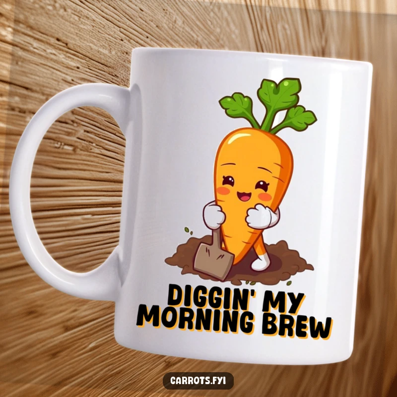 Funny mug featuring a carrot character wearing tiny gloves, happily digging into the earth with a cheerful expression.