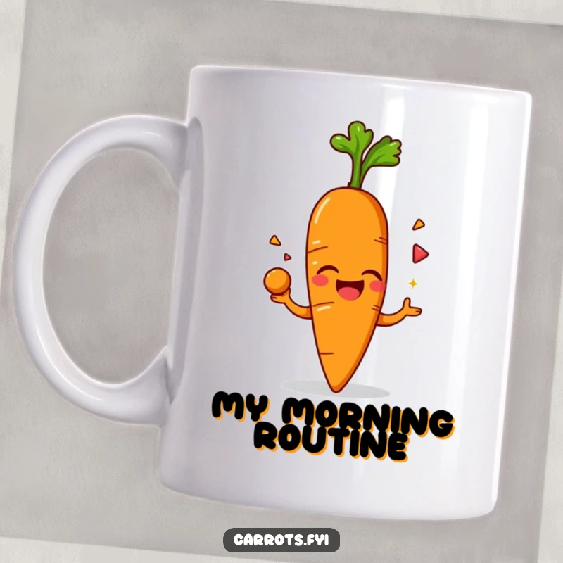 Funny mug showing an anthropomorphic carrot character joyfully giggling while skillfully juggling its own leafy green top in a playful display.