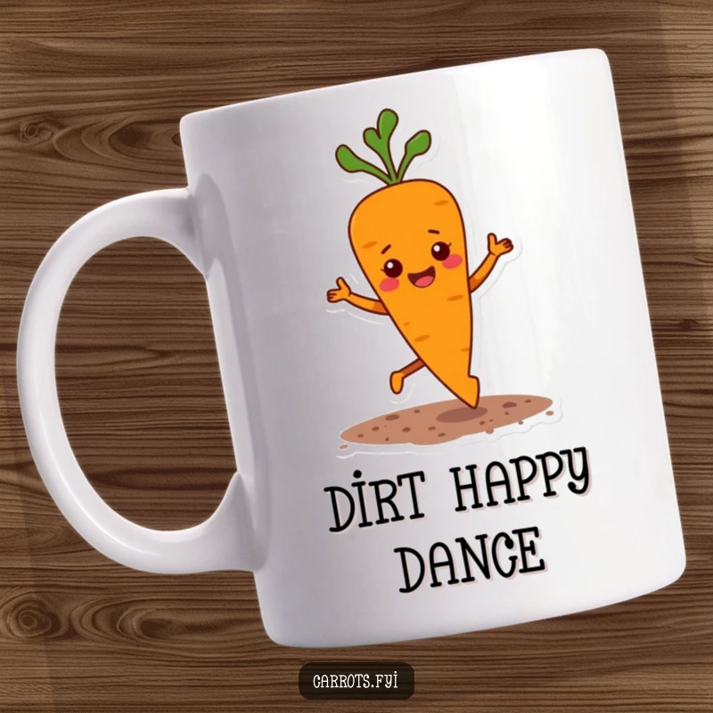 Funny mug showing a carrot character happily doing a bouncy jig, with little specks of soil flying around its feet.