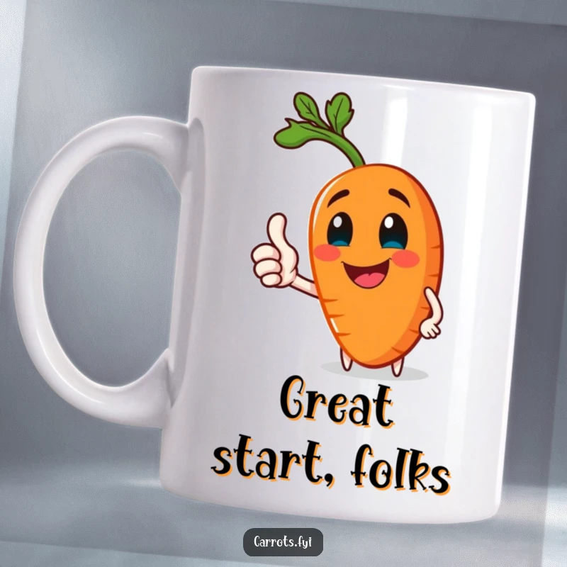 Funny mug with a jolly carrot character enthusiastically giving a healthy thumbs-up, promoting positivity and humor.