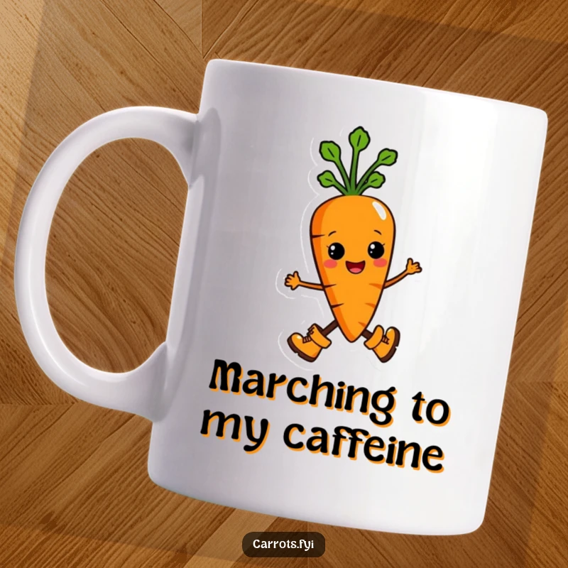 Funny mug depicting an anthropomorphic carrot character proudly marching forward in tiny, adorable boots, exuding confidence and determination.