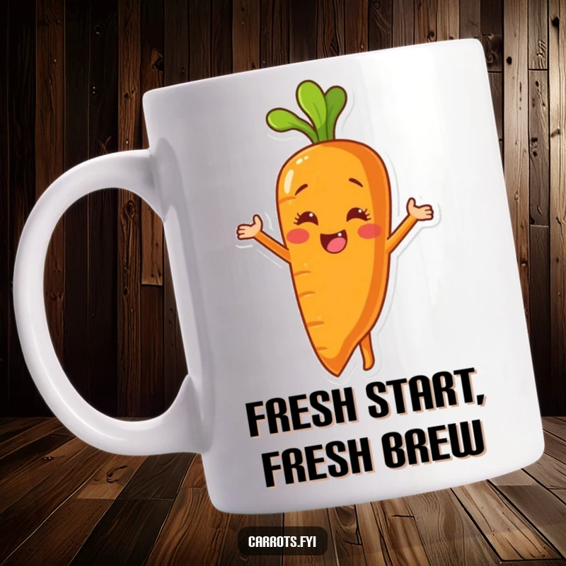 Funny mug showing a carrot character gleefully peeling itself, revealing a bright, beaming, smiling inner core.