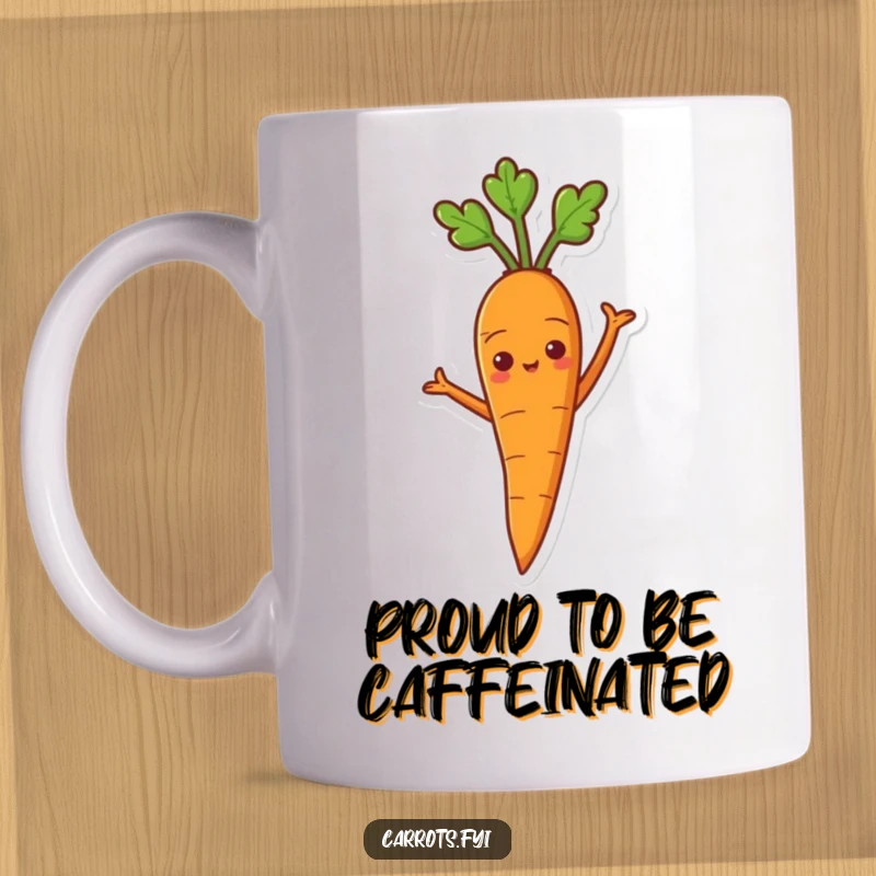Funny mug with a confident cartoon carrot standing with arms akimbo, exuding pride and accomplishment.