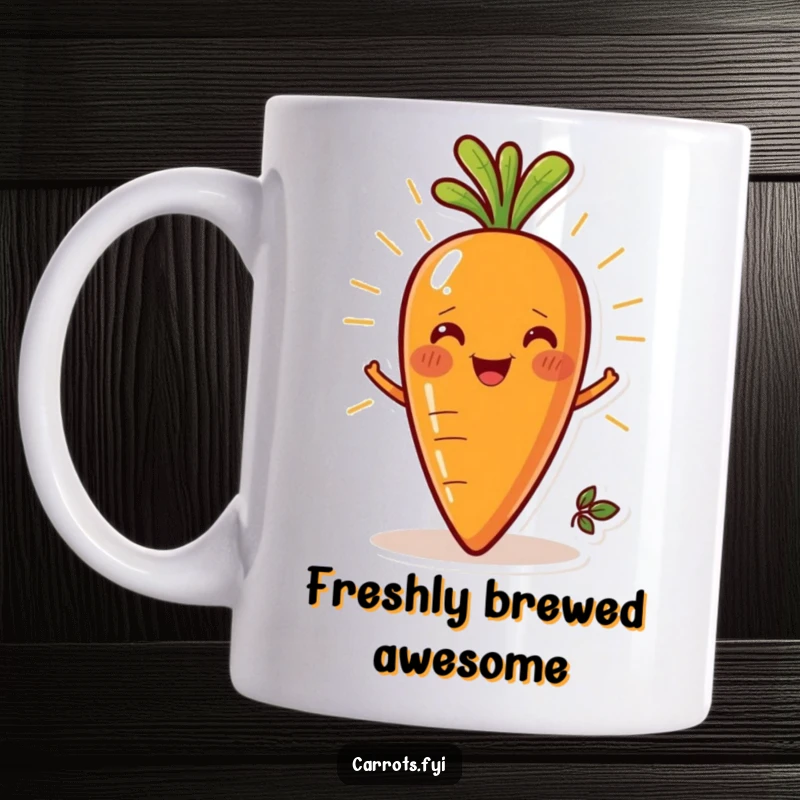 Funny mug featuring a carrot character with a radiant, wide smile, exuding an aura of ultimate freshness and happiness.