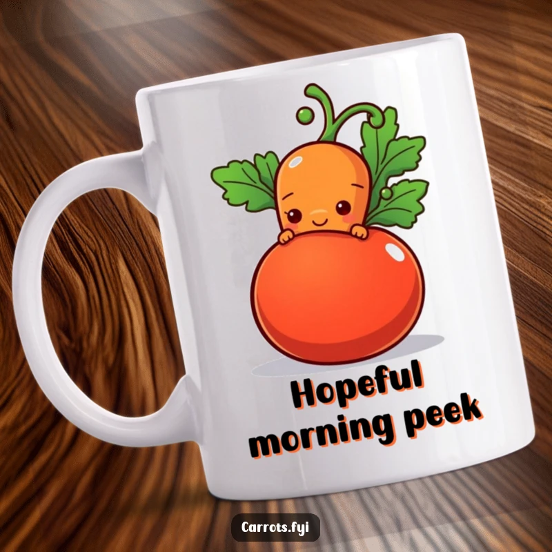 Funny mug featuring a shy carrot character peeking from behind a tomato with a hopeful smile, exuding sweetness and warmth, a perfect funny gift.