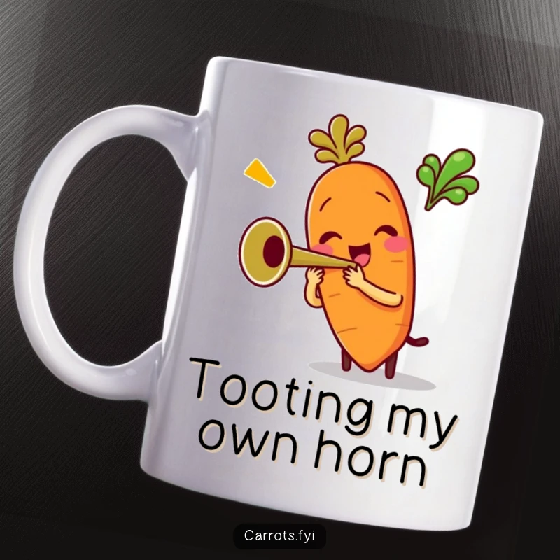 Funny mug depicting an anthropomorphic carrot character enthusiastically playing a miniature trumpet with a cheerful, happy expression and vibrant energy.