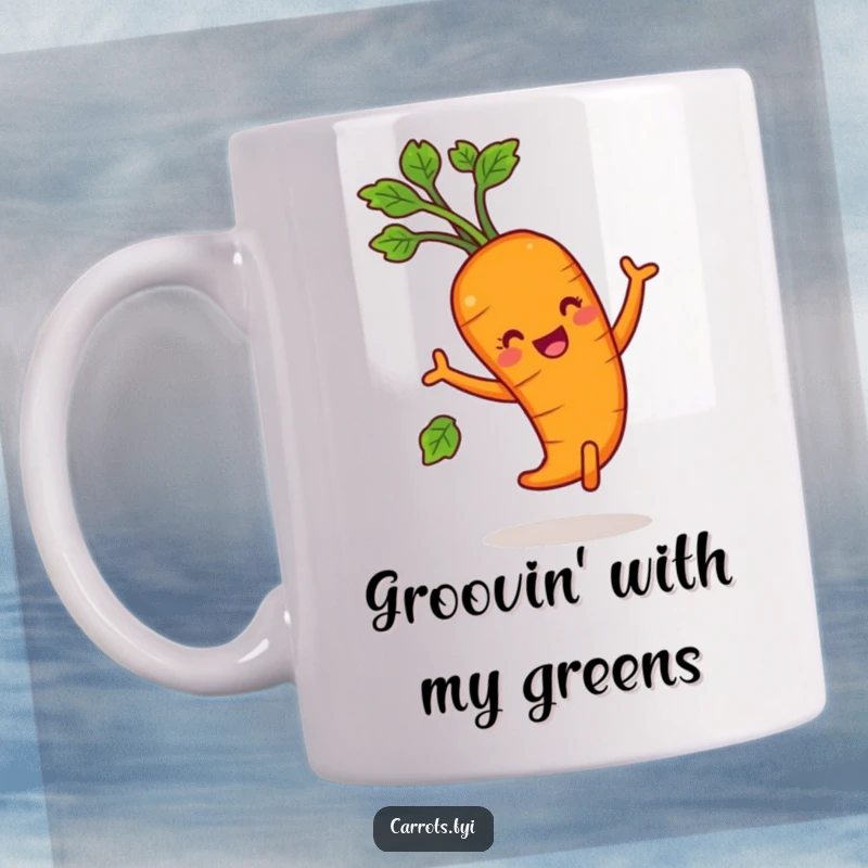 Funny carrot character joyfully dancing with leafy greens, radiating happiness and celebration.