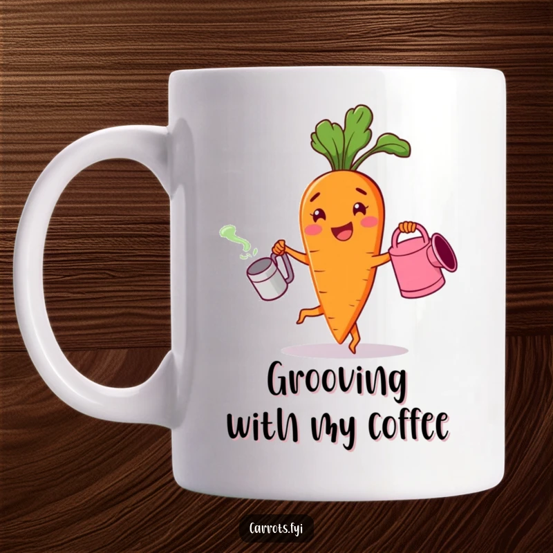 Funny mug featuring a cheerful carrot character joyfully dancing with a watering can, radiating pure garden delight.