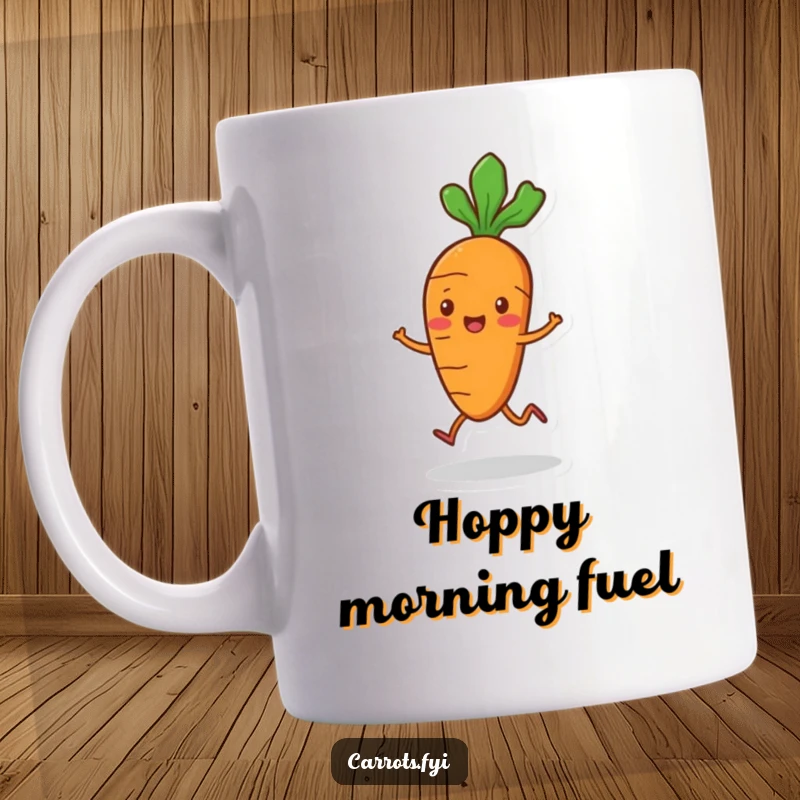 Funny playful carrot mug with small legs, hopping merrily with infectious enthusiasm and lighthearted joy.