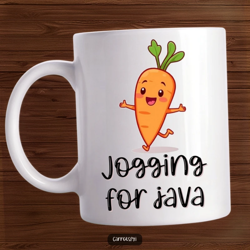 Funny Carrot Character Mug: A smiling carrot character energetically jogs, radiating happiness and a love for fitness. Great for a motivational smile.