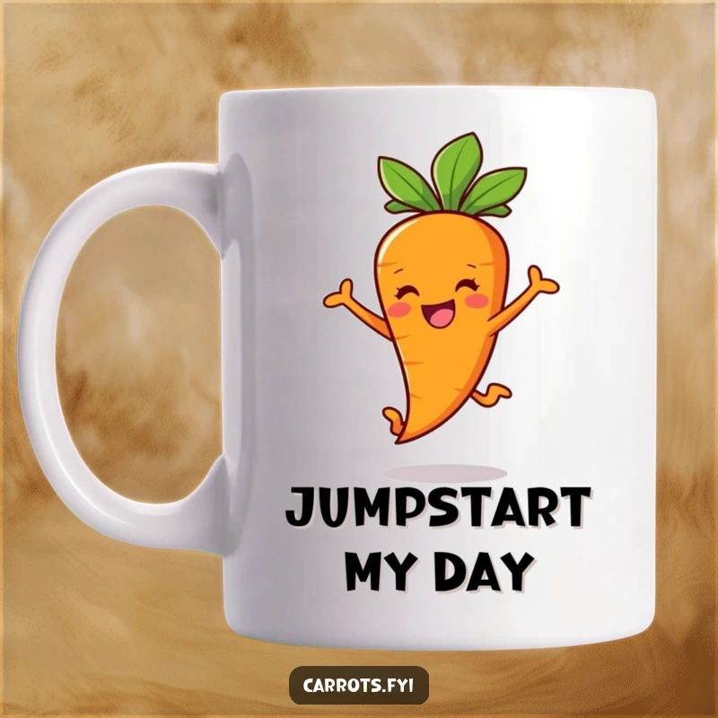 Funny Carrot Stick Mug featuring a smiling carrot character joyfully leaping, full of energy and happiness.