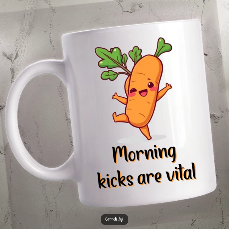 Funny mug with a cartoon carrot energetically kicking its top leaves, conveying playful movement and joy.