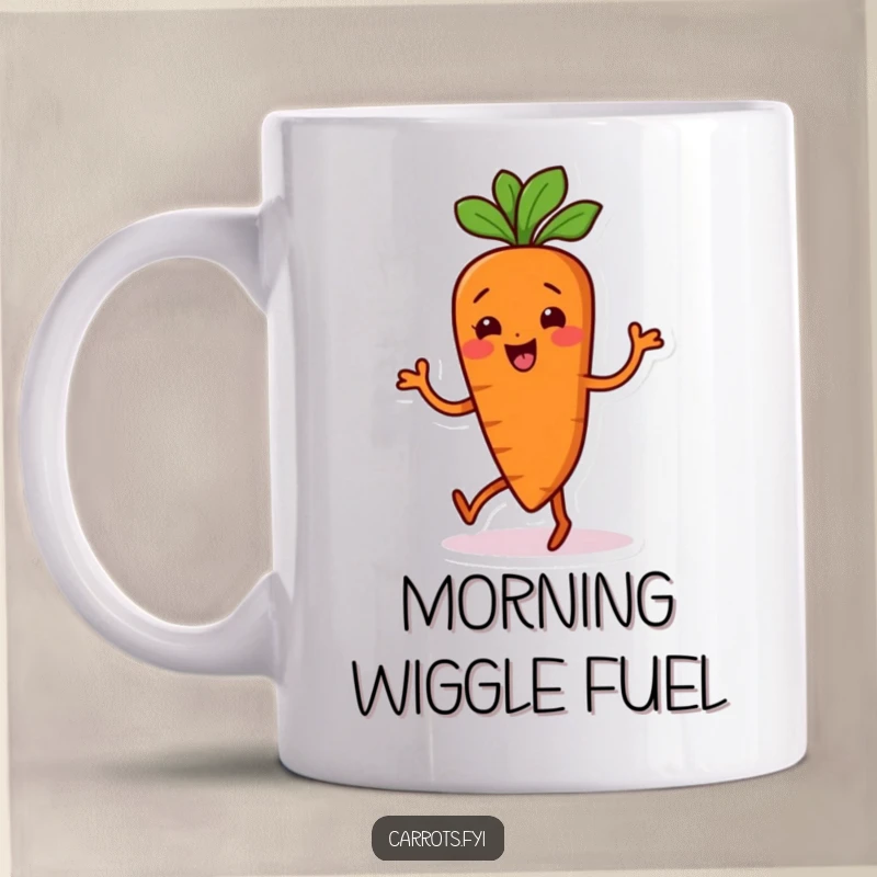 Funny Carrot Mug: A carrot character doing a silly dance with its whole body wiggling energetically and joyfully.