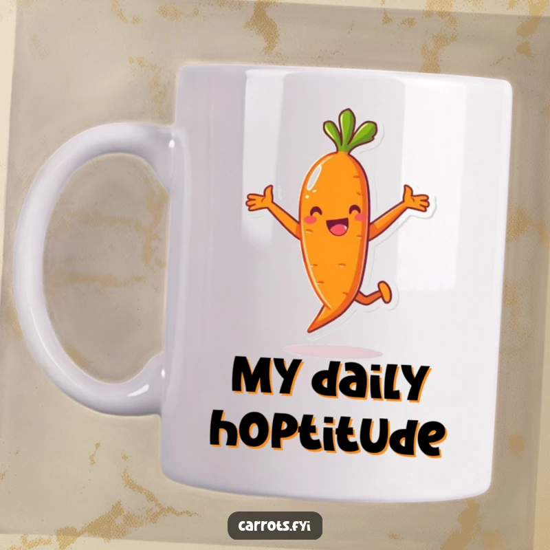 Funny mug with an anthropomorphic carrot character mid-air, joyfully jumping with its arms outstretched in a playful, energetic pose.
