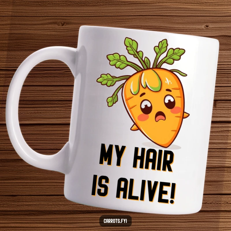 Funny mug showing a shocked carrot character with big eyes and leafy green hair sprouting like crazy, expressing pure surprise and silliness.