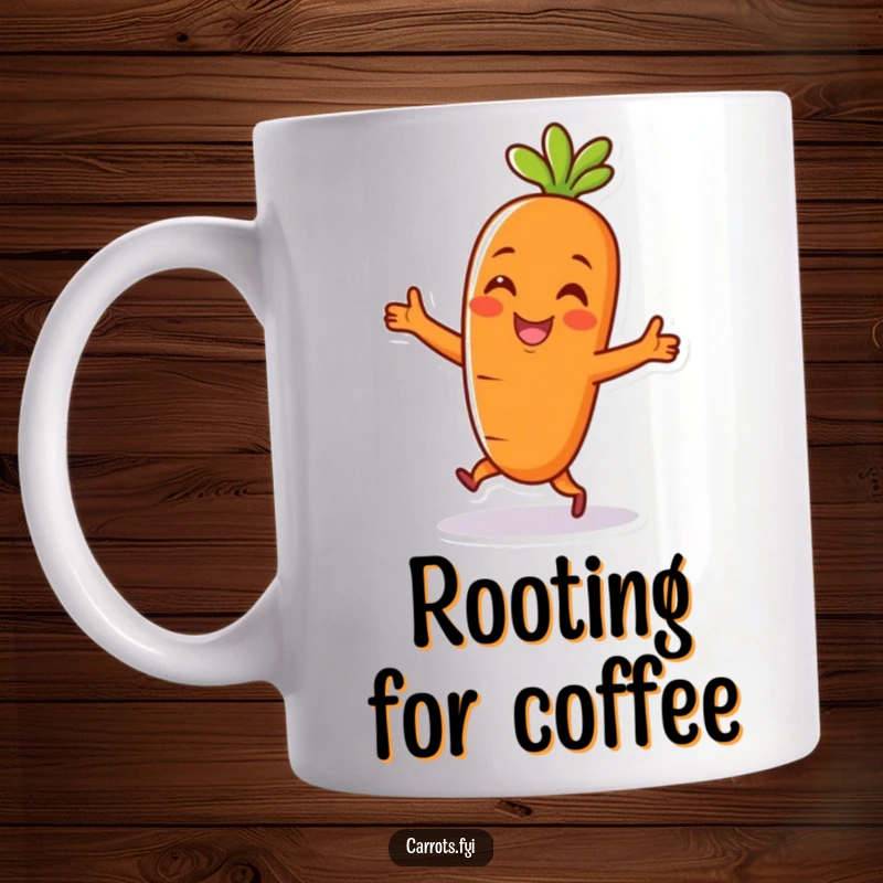 Funny mug showcasing a cheerful carrot character in a lively happy dance pose, perfect for a joyful and humorous gift.