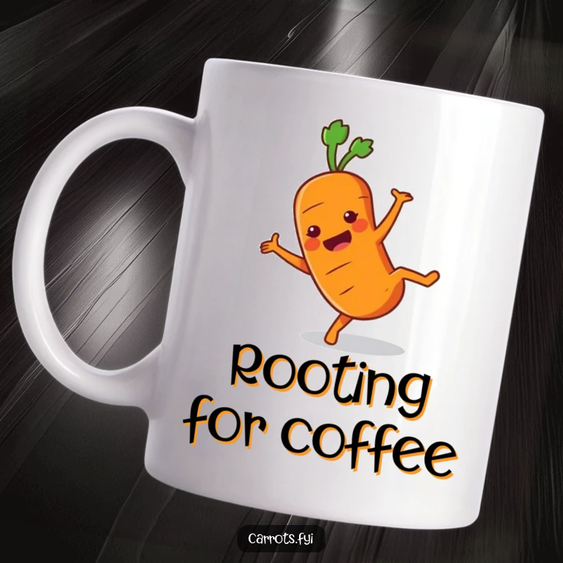 Funny Carrot Mug featuring a happy anthropomorphic carrot character joyfully doing a cartwheel, full of zest and movement.
