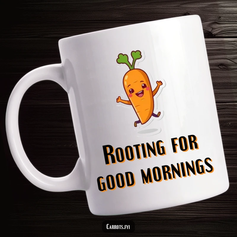 Funny mug featuring a joyful carrot character wiggling its body in a happy dance, radiating pure delight and energetic fun.
