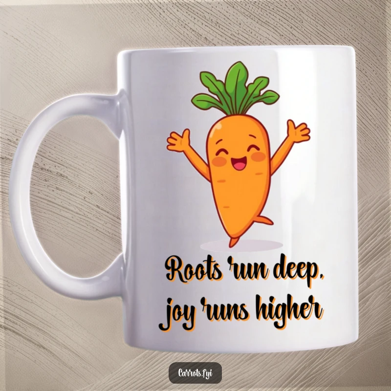 Funny carrot character joyfully dancing with arms flair on a mug, showcasing veggie cheer.