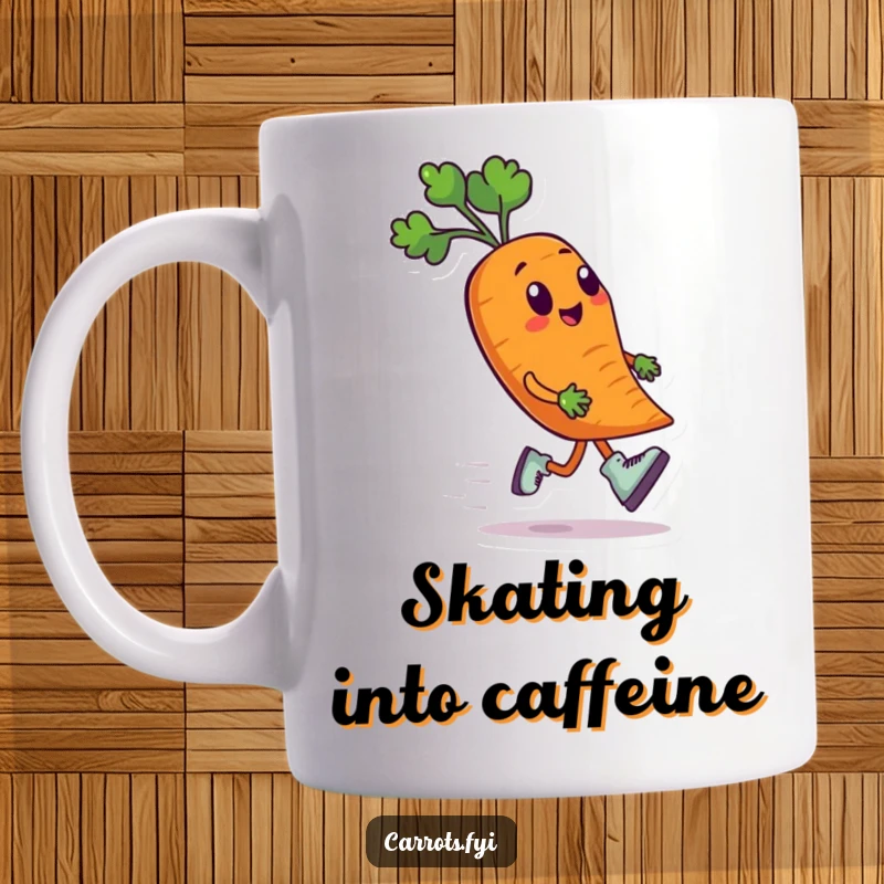 Funny mug showcasing an anthropomorphic carrot character wearing tiny roller skates, speeding along with a determined and happy expression, full of motion.