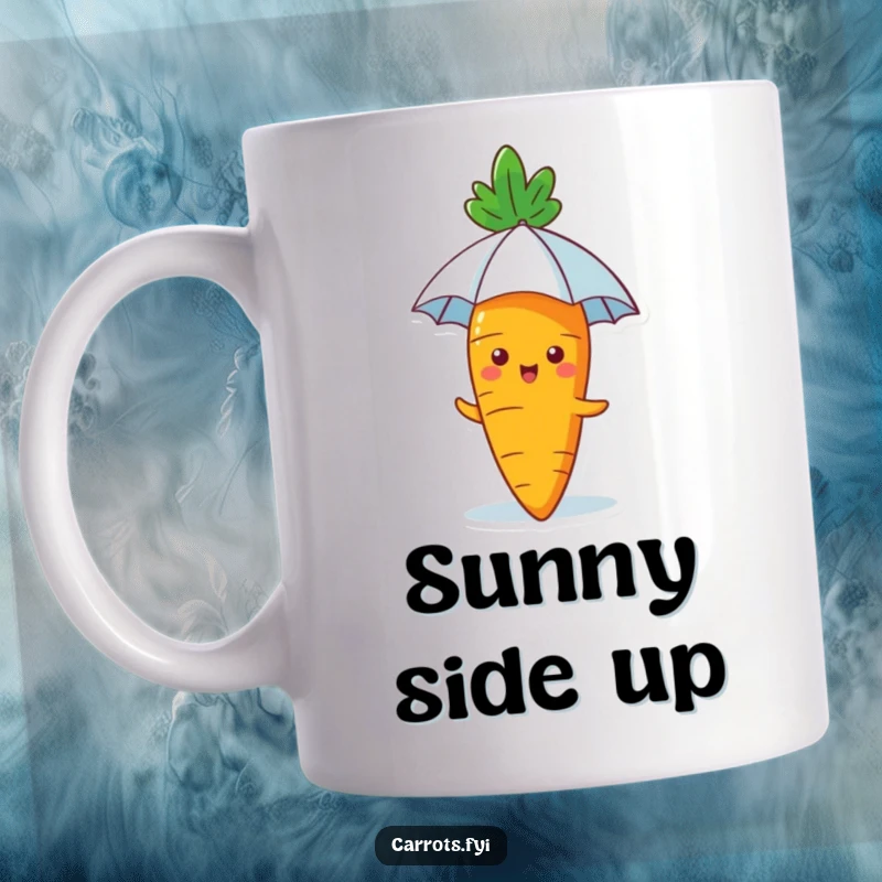 Funny Carrot Mug: A happy carrot is shown using a tiny umbrella to shield itself from the sun, looking adorable and humorous.