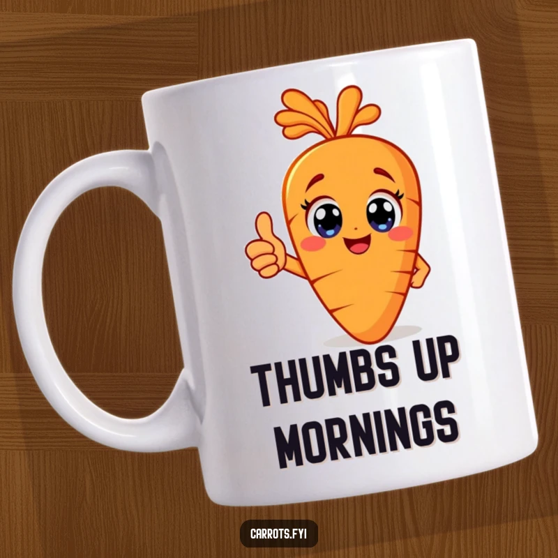 Funny happy carrot mug with big eyes giving a thumbs up, conveying positivity and cheerful encouragement.
