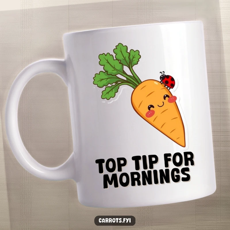 Funny mug showing a smiling carrot with rosy cheeks, its tip delicately balancing a tiny ladybug, conveying sweetness and gentle humor.