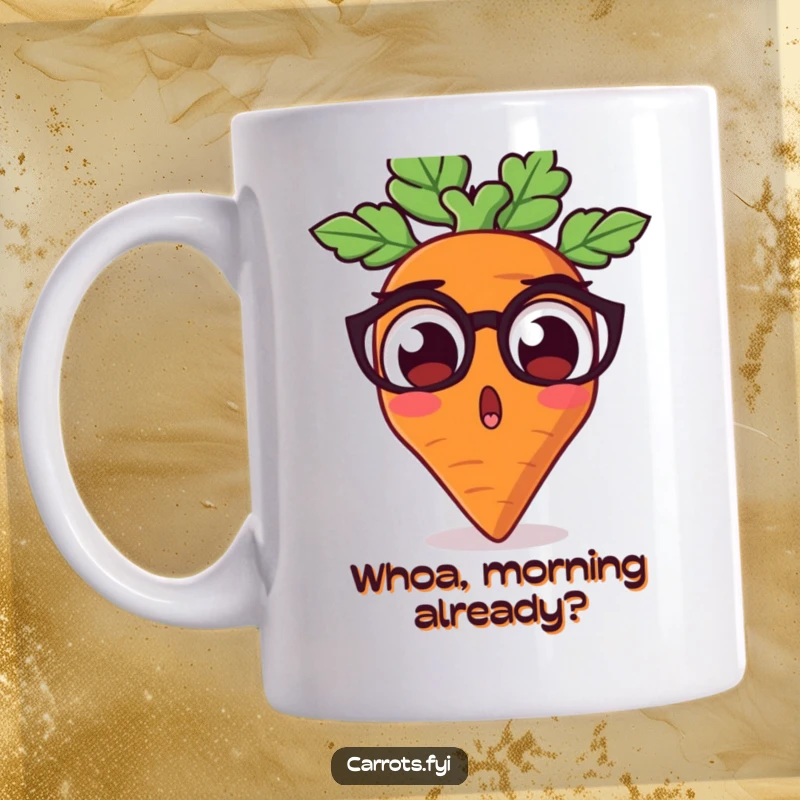 Funny mug featuring a carrot character with comically widened, earthy eyes, displaying an expression of pure, delightful shock.