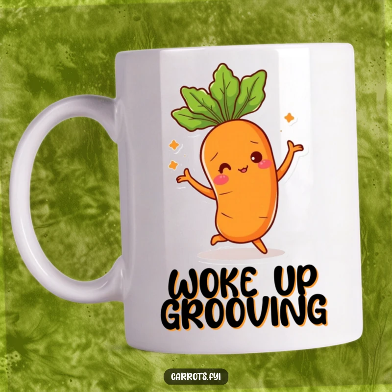 Funny mug featuring a joyful anthropomorphic carrot character enthusiastically doing a silly dance, its leafy top swaying playfully.