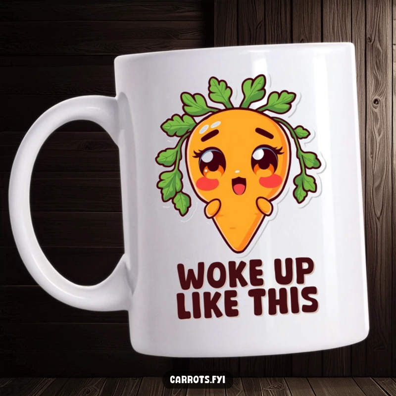 Funny mug depicting an anthropomorphic carrot character with comically wide, startled orange eyes, capturing a moment of pure, hilarious surprise.