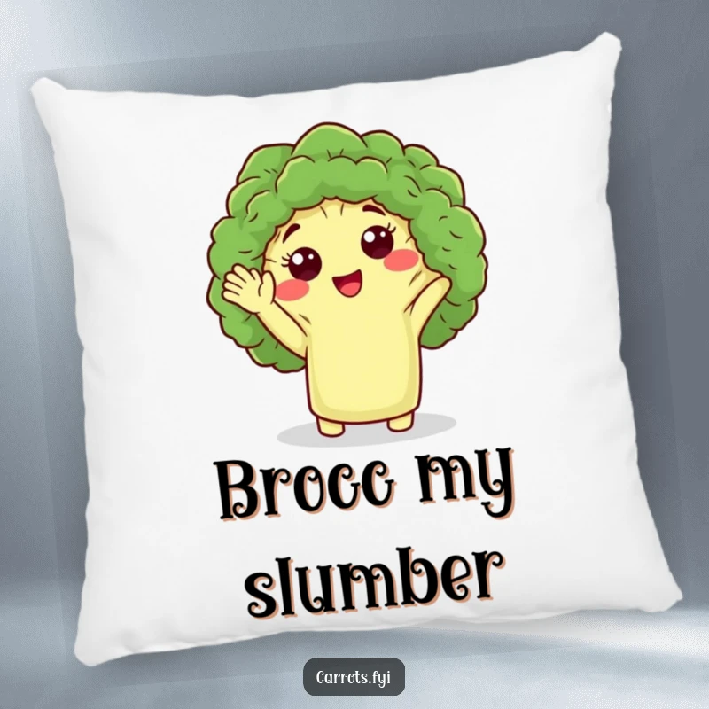 Funny pillow with a cute broccoli floret character giving a friendly wave, providing comfort and humorous decor.
