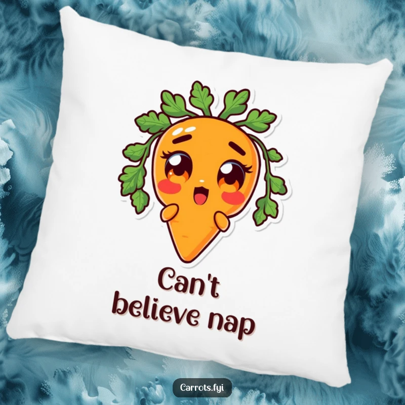 Funny pillow featuring an anthropomorphic carrot character with comically wide, surprised orange eyes, providing humorous comfort and a shocking visual.