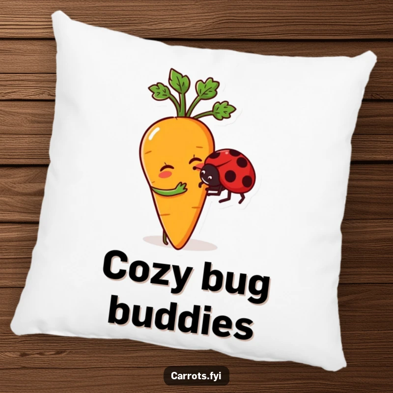Funny pillow featuring a plush anthropomorphic carrot and a friendly ladybug in a playful nudging interaction, perfect for cozying up.