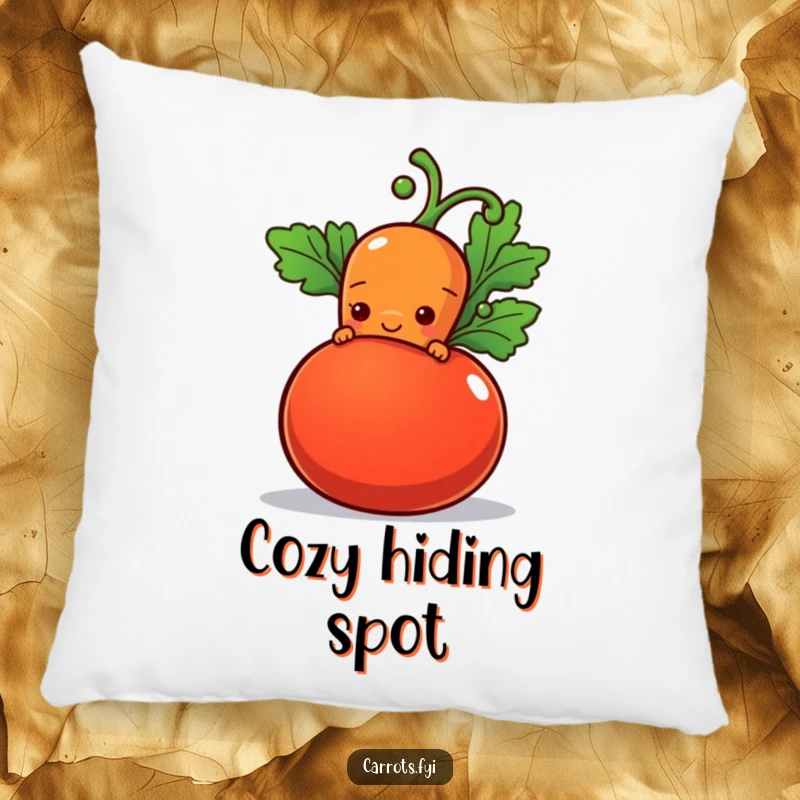 Funny pillow featuring a shy carrot character peeking from behind a plump tomato with a hopeful smile, perfect for cozying up.