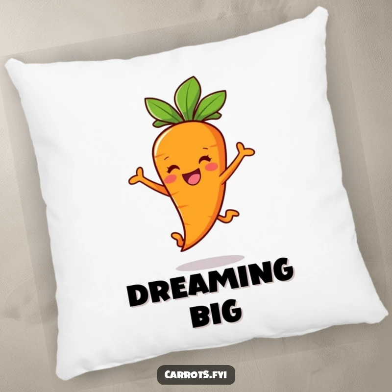 Funny Carrot Stick Pillow featuring a happy carrot character in a joyful leaping pose, offering soft and cheerful comfort.