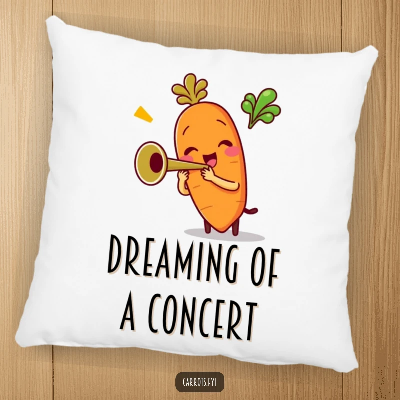 Funny pillow featuring an anthropomorphic carrot character enthusiastically playing a tiny trumpet, providing humorous comfort and a cheerful, musical visual.