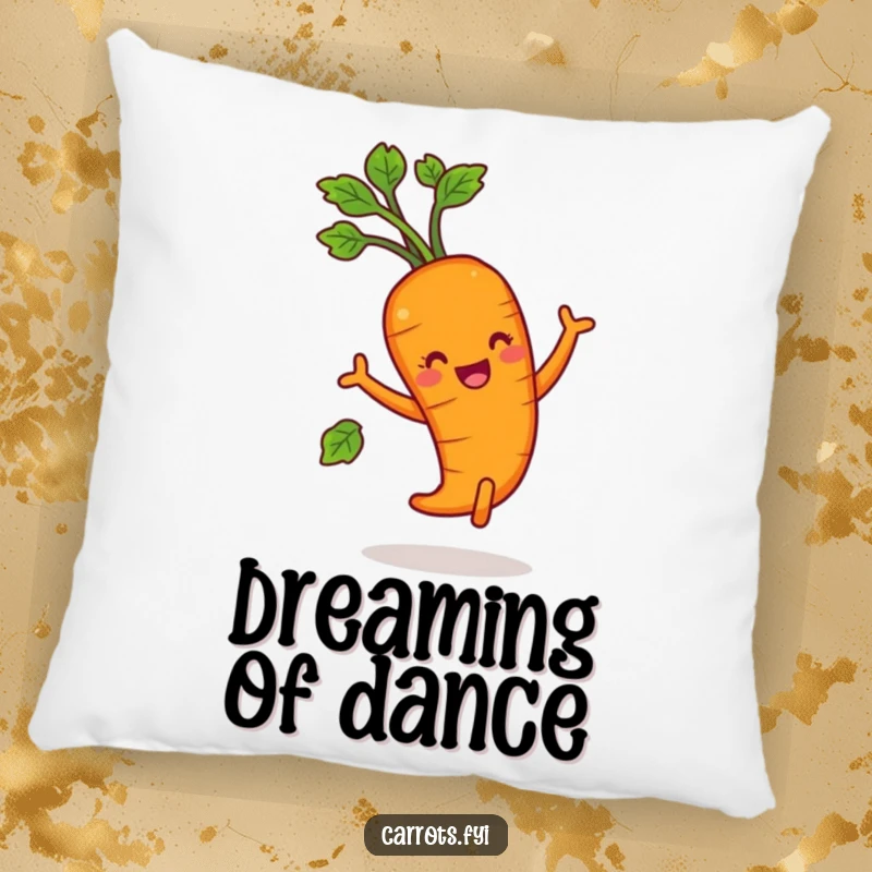 Funny carrot character dancing with leafy greens, a soft and humorous decorative pillow.