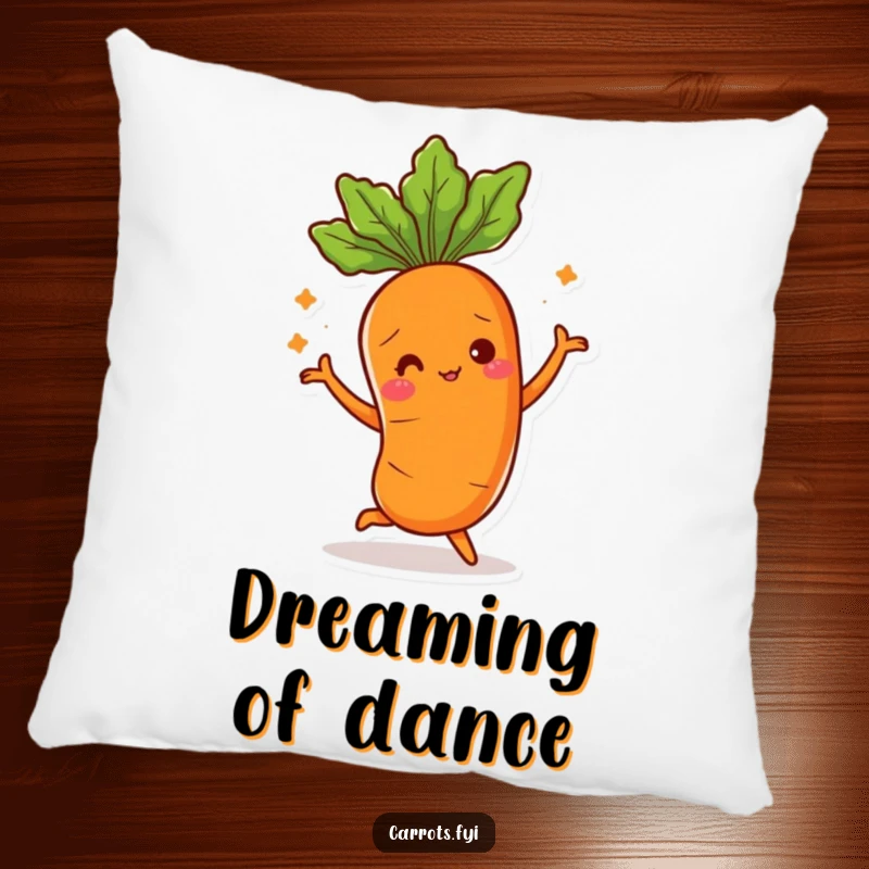 Funny pillow showing a carrot character doing a silly dance, its leafy top swaying with excitement.