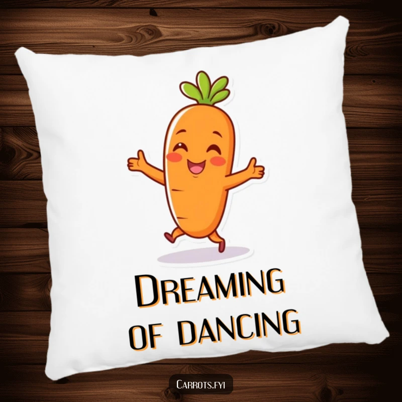 Funny pillow with a cheerful carrot character in a happy dance pose, providing comfort and humorous decor.