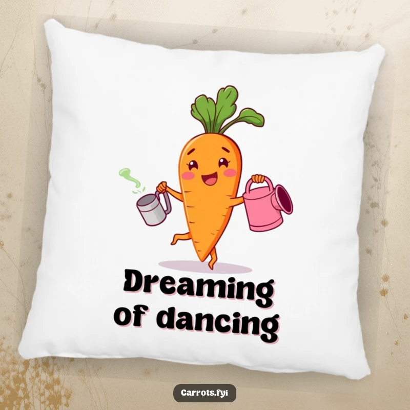 Funny pillow featuring a cheerful carrot character dancing with a watering can, offering a soft and joyfully decorative touch.