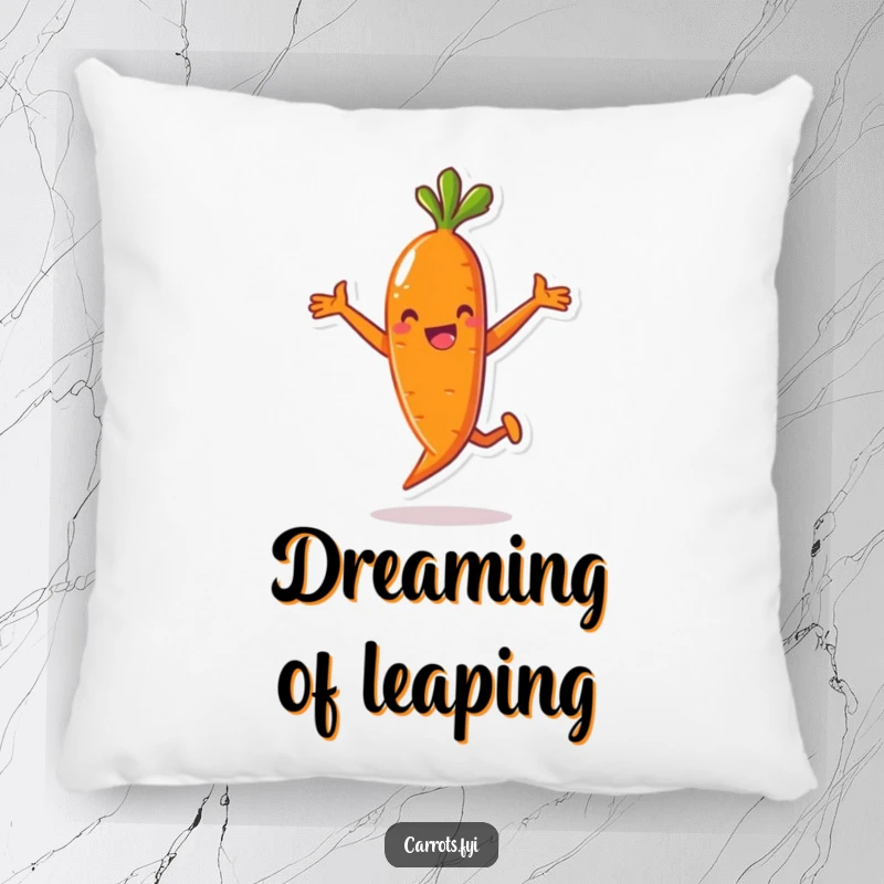 Funny pillow decorated with an anthropomorphic carrot character joyfully captured in a playful jump, offering comfort and a humorous visual.