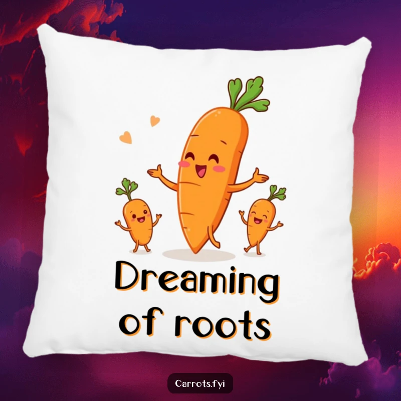 Funny pillow featuring an anthropomorphic carrot character juggling three small, colorful root vegetables with a happy, focused expression, soft and amusing.