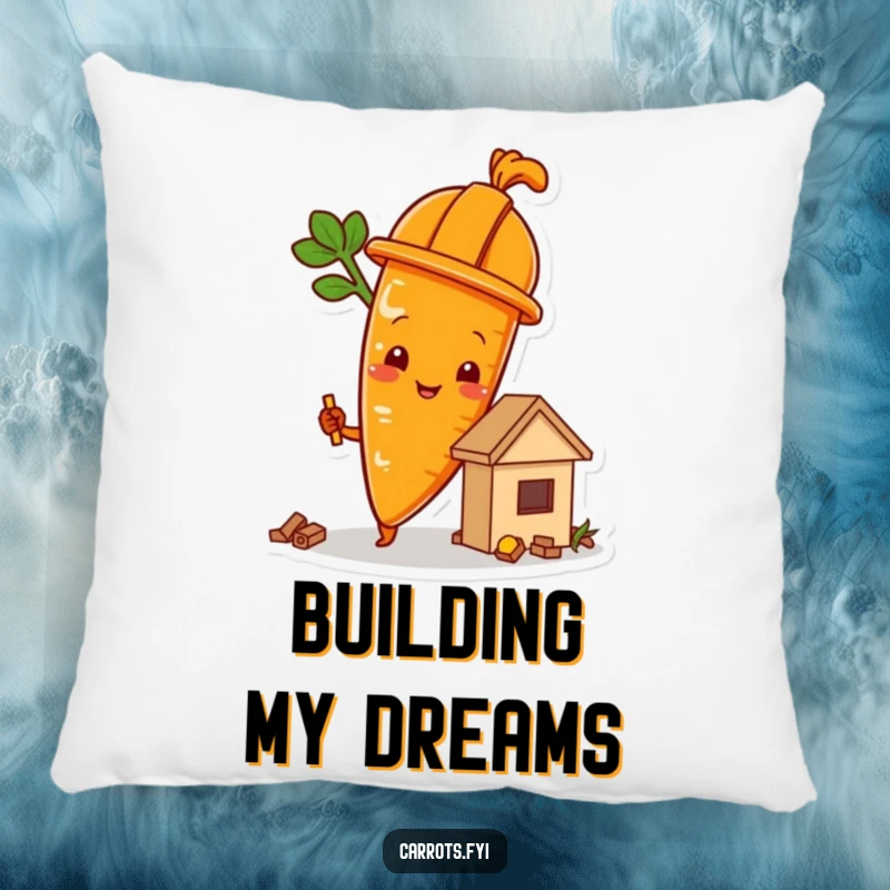 Funny carrot character in a hard hat building a food structure, a soft and humorous decorative pillow.