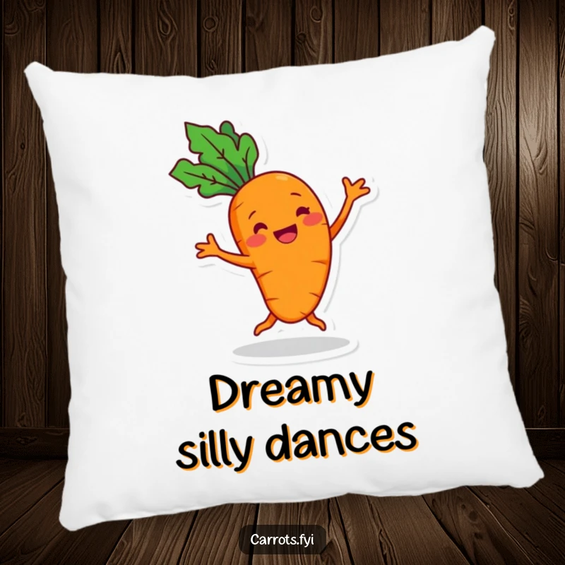 Funny cheerful carrot pillow with a grin, performing a silly dance, offering soft comfort and lighthearted fun.