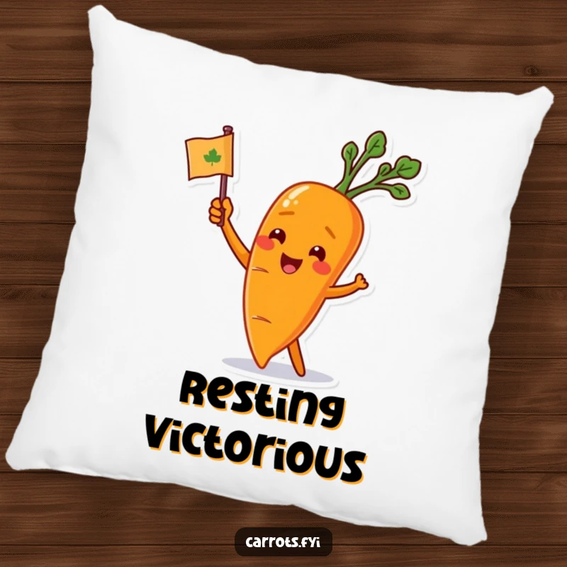 Funny carrot character waving a leafy flag, depicted on a plush pillow for cheerful comfort and supportive appeal.