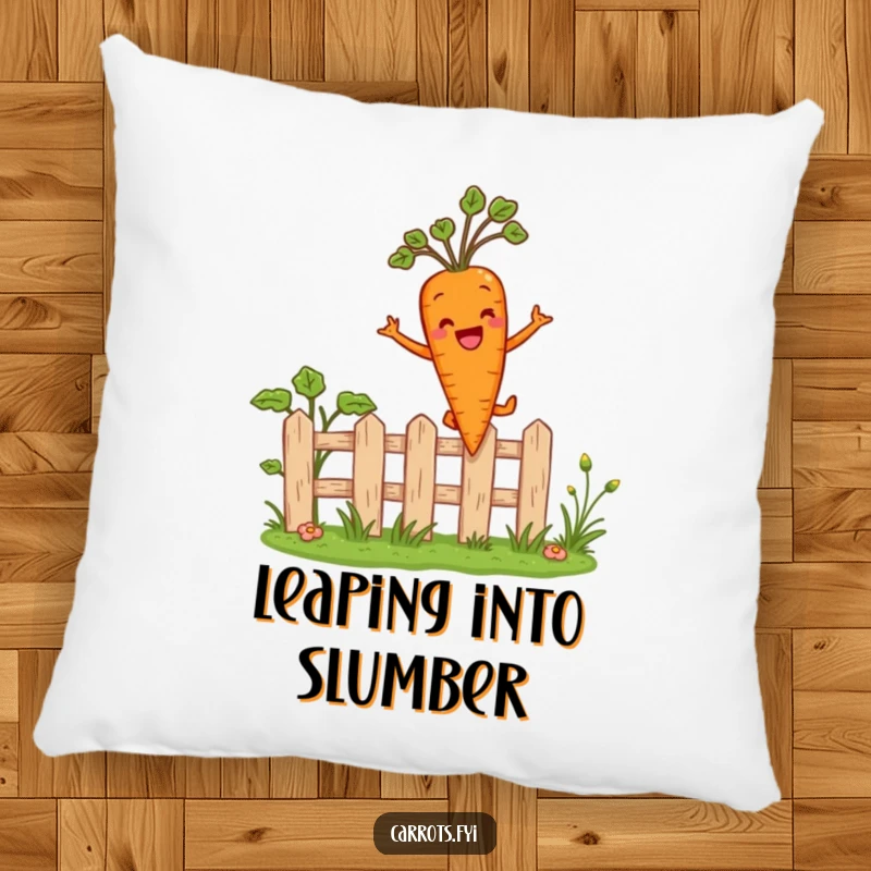 Funny pillow featuring an anthropomorphic carrot character mid-leap over a tiny garden fence, with a happy expression, soft and amusing.
