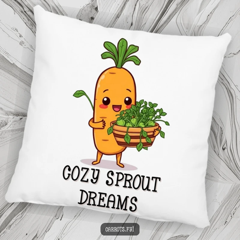 Funny pillow showing a carrot character cheerfully offering a basket of fresh sprouts.