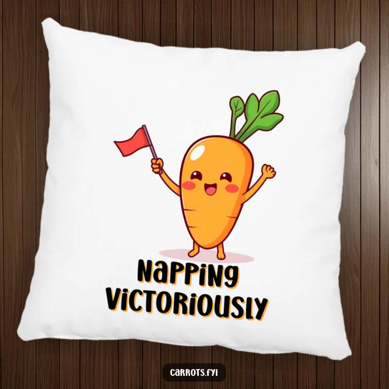 Funny Pillow with a kawaii carrot character, tiny feet visible, excitedly waving a miniature flag, perfect for cheerful decor.
