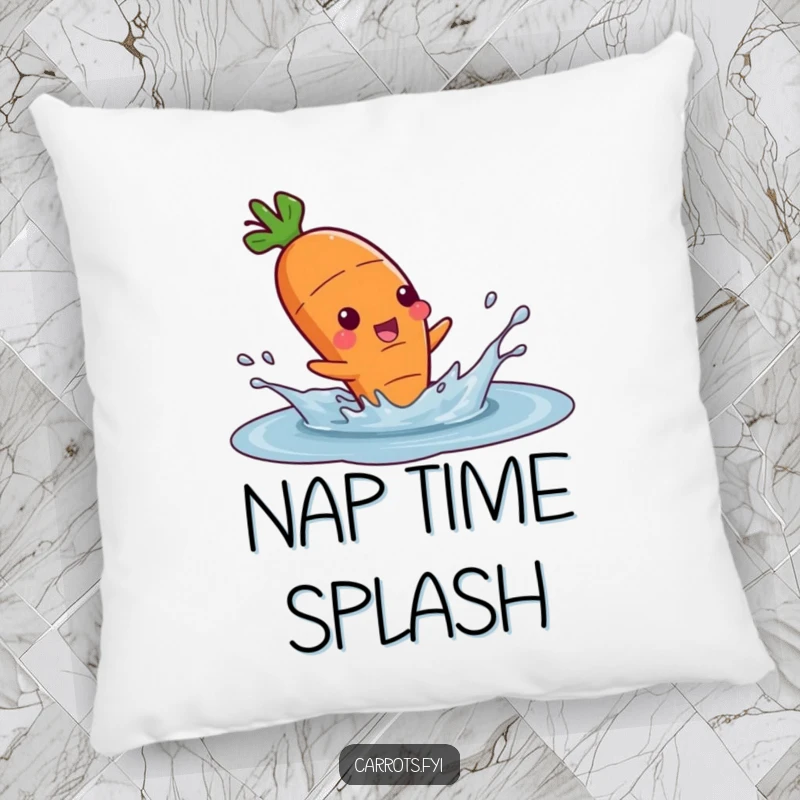 Funny pillow featuring a delighted carrot character splashing gleefully in a water puddle, perfect for a cozy, playful atmosphere.